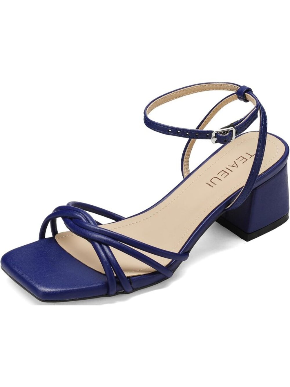 Women's Navy Square Open Toe Strappy Ankle Strap Stylish Low Chunky Heel Sandals
